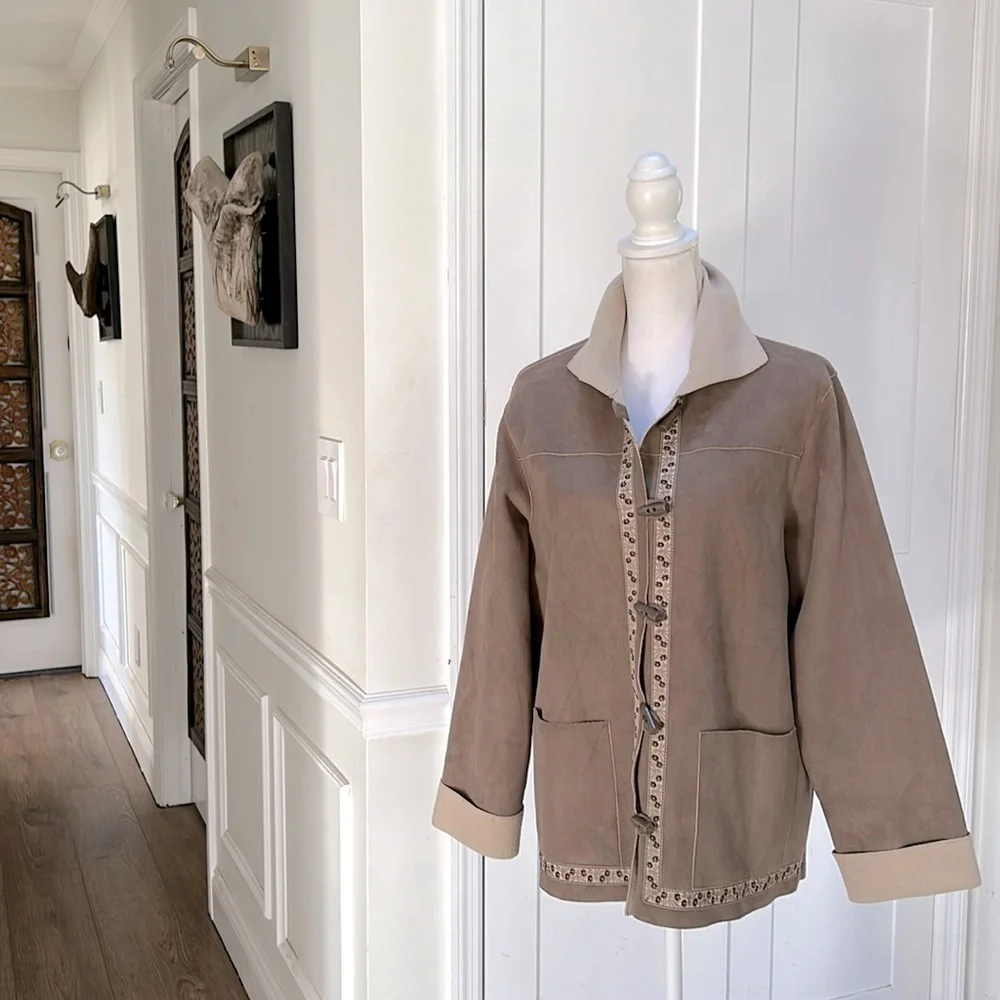 Alfred Dunner Womens Faux Suede Jacket Brown Embroidered Cottagecore‎ Size 12